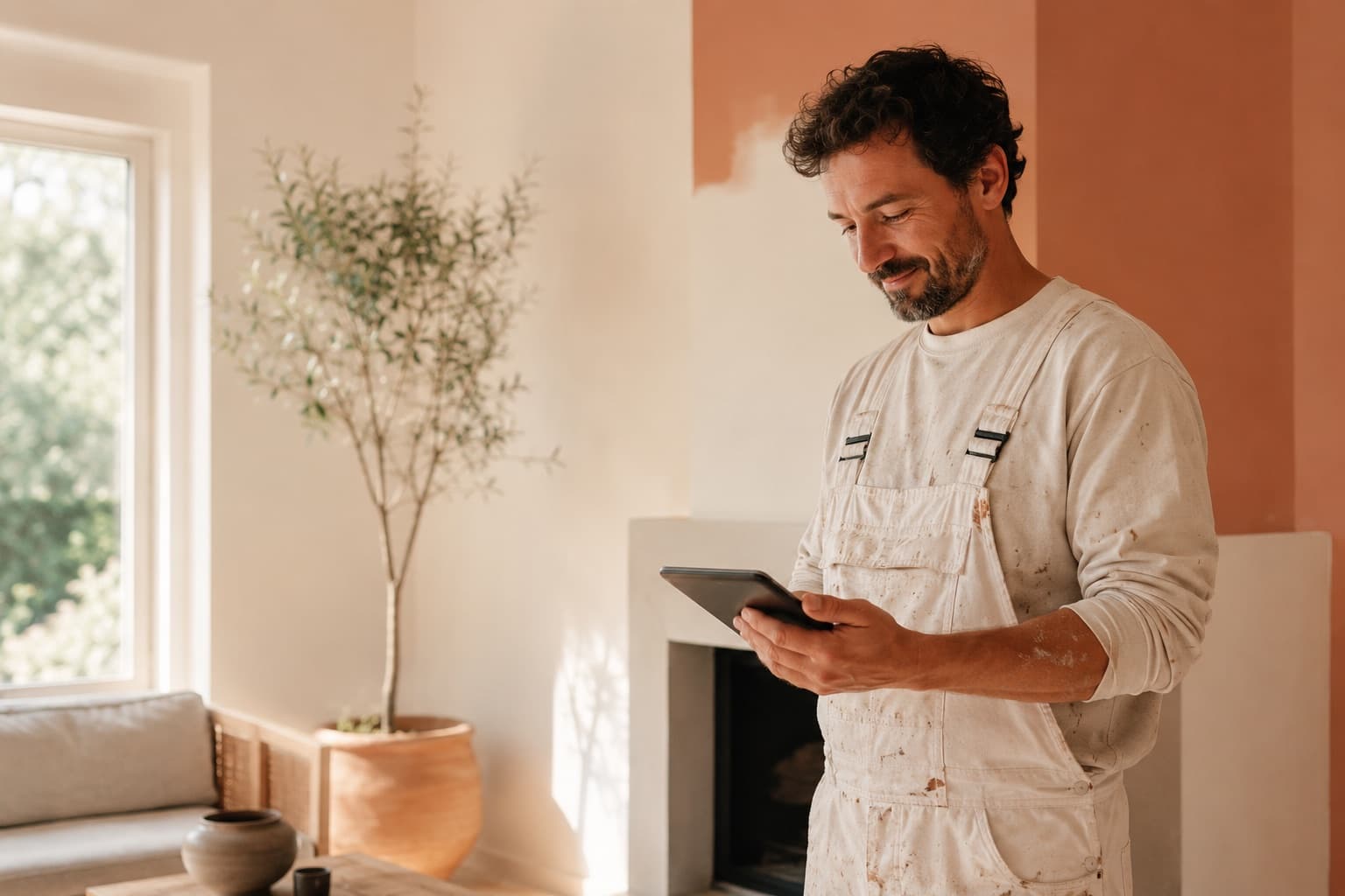 A painting contractor reviewing a quote on a tablet in a freshly painted room